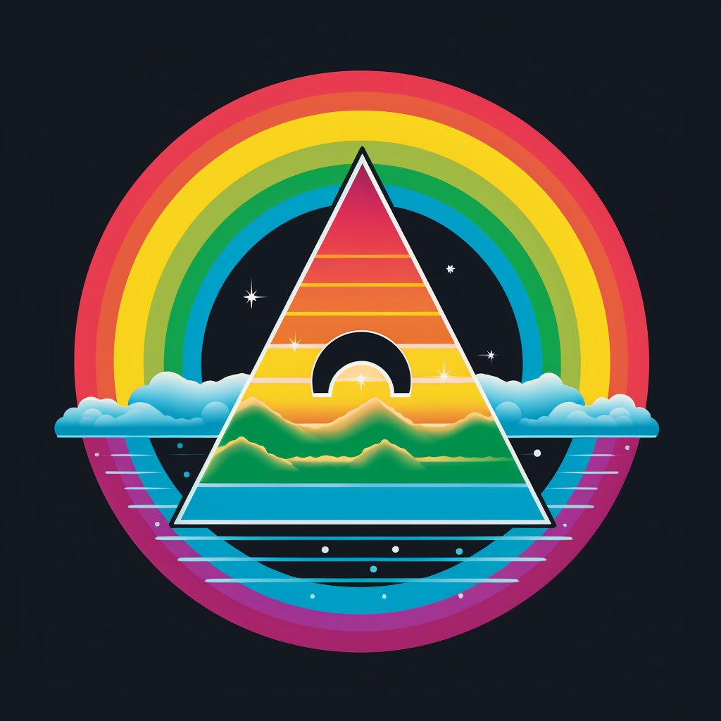  A striking graphic with a rainbow-colored triangle over green hills, surrounded by clouds, stars, and a vibrant rainbow against a black backdrop.