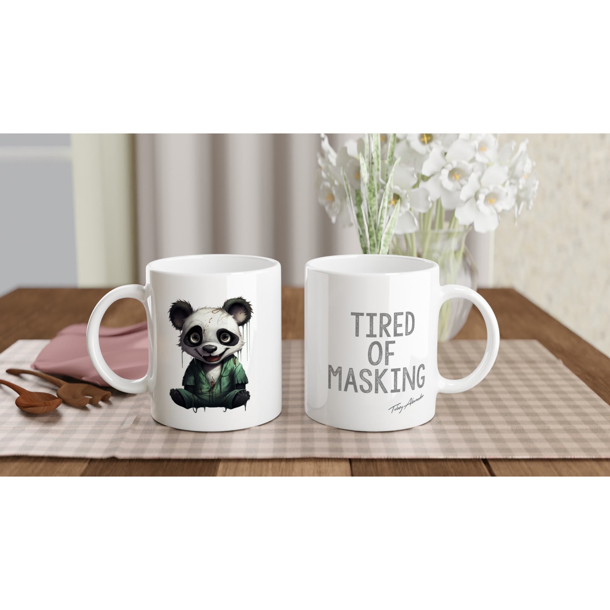 Unmask Your Mornings with the Exclusive Masking Panda 11oz Ceramic Mug Clothes by Tobey Alexander